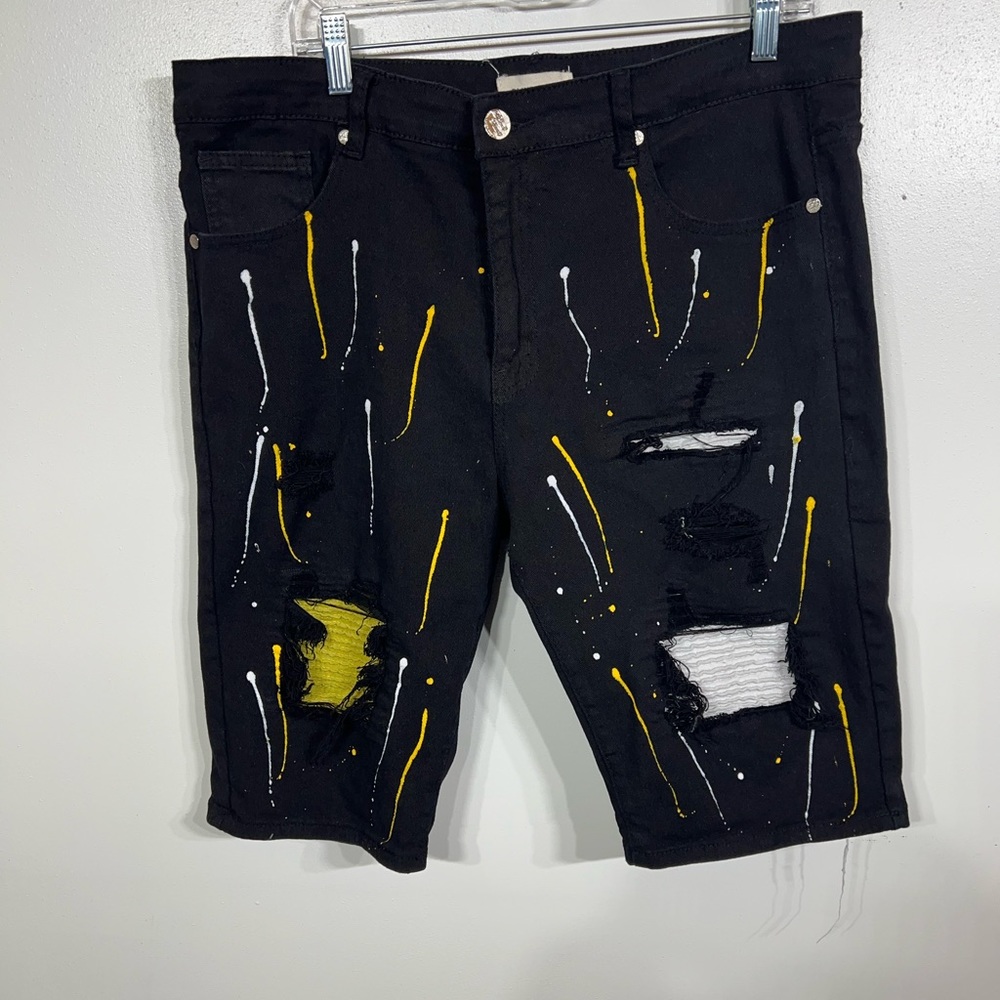 Men's Blind Trust Black Denim Shorts Paint Splatter Distressed Stretch